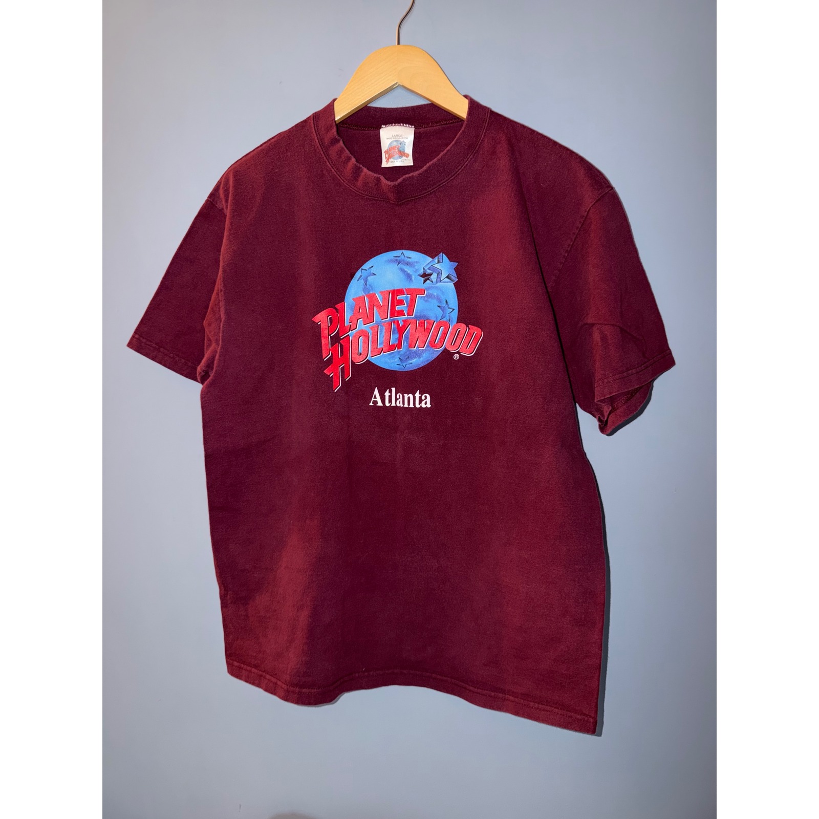 Vintage 1991 Planet Hollywood Atlanta Maroon Graphic TShirt Mens Large Usa Made